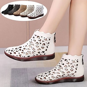 Women's White Hollow-Out Ankle Boots  Stylish Cutout Leather Booties with Soft Sole, Casual Vintage Shoes for Spring  Summer