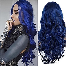 Blue Wigs for Women Long Curly Wavy Middle Part Synthetic Natural Looking Heat Resistant Party Cosplay Wig Halloween Wigs