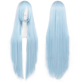 100 cm hellblaue Perücke für Damen und Mädchen, gerade Cosplay-Perücke mit Pony, Kunsthaar-Perücke, Kostüm für Anime-Halloween-Party