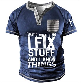 Men's T shirt Tee Henley Shirt Tee Graphic Letter Henley Blue Army Green Gray Black 3D Print Plus Size Outdoor Daily Short Sleeve Button-Down Print Clothing Ap