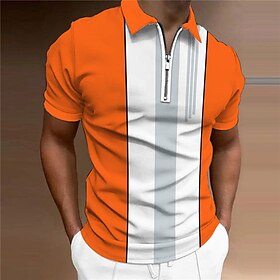Men's Polo Shirt Golf Shirt Striped Turndown Blue Orange Green Light Grey 3D Print Casual Daily Short Sleeve Print Zipper Clothing Apparel