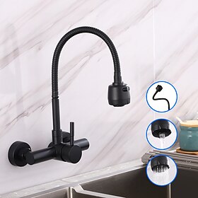 Wall Mount Kitchen Sink Mixer Faucet with Sprayer Kitchen Faucet Stainless Steel Pot Filler Taps, 360 Swivel Polished Black/Chrome Single Handle Mixer Vessel T