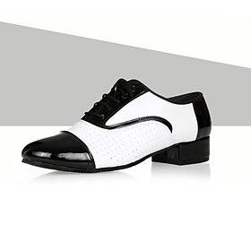 Men's Black and White Ballroom Dance Shoes  Patent Leather Lace-Up Latin  Jazz Performance Oxfords
