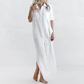 Women's Casual Dress Shirt Dress Linen Dress Long Dress Maxi Dress Green Black Blue 3/4 Length Sleeve Pure Color Button Fall Spring Autumn Shirt Collar Basic D