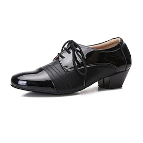 Men's Black Patent Leather Ballroom Dance Shoes  Latin Tango Performance Lace-Up Shoes with Low Heel