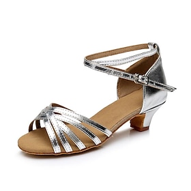 Girls' Silver Strappy Latin Dance Shoes  Low Heel Ballroom Sandals with Suede Sole for Performance  Practice