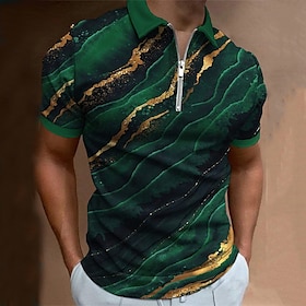 Men's Polo Shirt Golf Shirt Waves Turndown Dark Green Purple Green Dark Gray 3D Print Street Daily Short Sleeve Zipper 3D Clothing Apparel