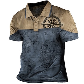 Men's Polo Shirt Golf Shirt Compass Turndown Blue Dusty Blue Purple Green 3D Print Street Daily Short Sleeve 3D Button-Down Clothing Appare