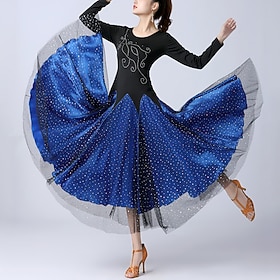 Ballroom Dance Dress Splicing Tulle Women's Training Performance Long Sleeve High Tulle Polyester