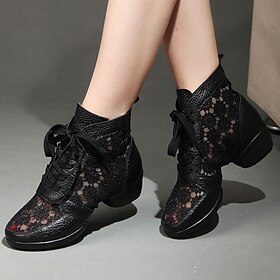 Women's Black and White Lace-Up Dance Boots with Floral Mesh Panels, Breathable Performance Shoes for Latin and Ballroom Dance