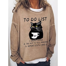 Women's Oversized Sweatshirt Pullover Cat Letter Streetwear Daily Basic Cropped Basic Khaki Light Blue Grey To do List Loose Fit Casual Daily Round Neck Long S
