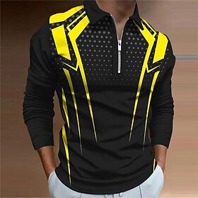 Men's Polo Shirt Golf Shirt Geometry Turndown Yellow 3D Print Outdoor Street Long Sleeve Zipper Print Clothing Apparel Fashion Designer Casual Breathable