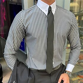 Men's Dress Shirt Button Down Shirt Collared Shirt French Cuff Shirts Black Gray Long Sleeve Striped Turndown Spring, Fall, Winter, Summer Wedding Work Clothin
