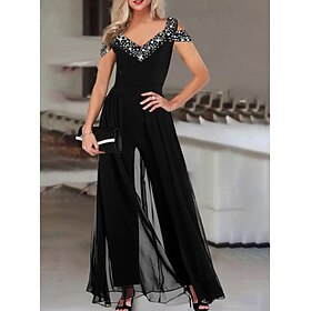 Women's Jumpsuit for Special Occasions Wedding Overlay Solid Color V Neck Elegant Party Prom Straight Regular Fit Short Sleeve Black S M L Spring Fall