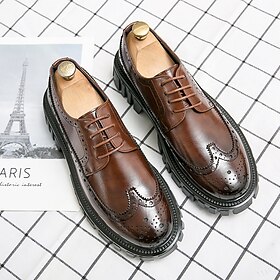 Men's Chunky Sole Brown Faux Leather Brogue Shoes  Stylish Vintage Oxford Design with Durable Tread for Casual and Formal Wear