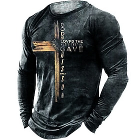 God So Loved The World That Gave His Son Long Sleeve Mens 3D Shirt  Black Winter Cotton  Men'S Tee Graphic Distressed Templar Cross Prints Crew Neck 3D Outdoor