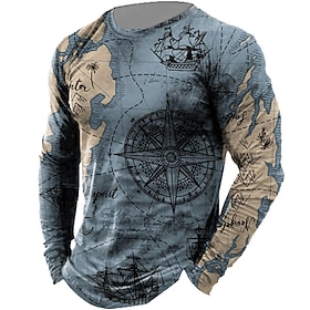 Men's Unisex Nautical Map Graphic Prints T Shirt Distressed T Shirt Long Sleeve T shirt 3D Print Crew Neck Shirt Designer Casual Big and Tall Daily Holiday Blu
