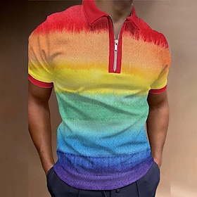 Men's Polo Shirt Golf Shirt Rainbow Turndown Olive Green Black White White / Crystal Blue 3D Print Outdoor Street Short Sleeves Print Zippe