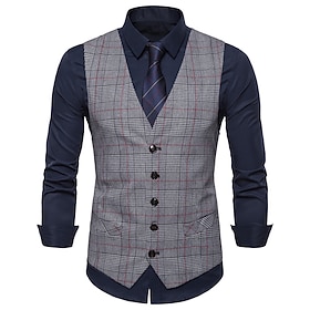 Men's Vest Waistcoat Wedding Work Business Daily Business Casual Winter Pocket Polyester Windproof Quick Dry Plaid / Check Single Breasted V Neck Regular Fit L