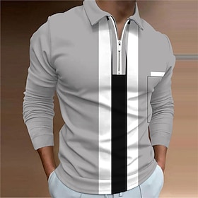 Men's Polo Shirt Golf Shirt Striped Turndown Gray 3D Print Outdoor Street Long Sleeve Print Zipper Clothing Apparel Fashion Designer Casual