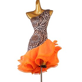 Dance Salsa Latin Dance Dress Cascading Ruffles Split Joint Women's Training Performance Sleeveless High Spandex Organza Salsa Leotard