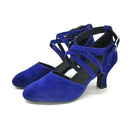 Women's Royal Blue Suede Latin Dance Shoes  Closed Toe Heels with Crisscross Straps for Salsa, Ballroom  Performance
