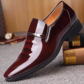 Men's Burgundy Patent Faux Leather Loafers  Elegant Slip-On Dress Shoes with Metal Accent for Formal Events and Office Wear