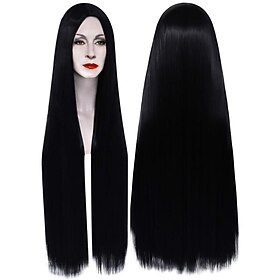 The Addams Family 40inch 100cm Extra Long Black Wigs for Women Straight Hair Wig Natural Black Wigs for Party Morticia Addams Women Wig Halloween Wigs