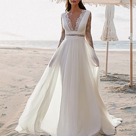 Boho Wedding Dresses A-Line V Neck Sleeveless Floor Length Chiffon Bridal Gowns