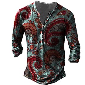 Men's Floral Graphic Tribal T Shirt Henley Shirt Tee Long Sleeve 3D Print Designer Basic Classic Daily Outdoor Sports Spring Summer Red Henley Henley T-Shirt