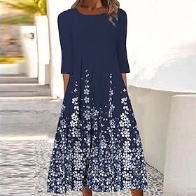 Women's Midi Dress Shift Dress Casual Dress Basic Daily Outdoor Vacation Regular Fit Floral Ditsy Floral 3/4 Length Sleeve Crew Neck Navy Blue Summer Spring