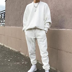 Men's Tracksuit Sweatshirt Light Khaki. Blue Purple Pink Yellow Crew Neck Solid Color 2 Piece Sports Outdoor Casual Streetwear Streetwear Sportswear Casual Wi