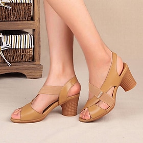 Women's Khaki Slingback Block Heel Sandals with Elastic Straps and Peep Toe, Comfortable Summer Shoes for Walking, Office, and Daily Casual Wear
