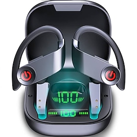 Bluetooth 5.1 Headphones Sports Earbuds 50H Deep Bass Noise Cancelling Headphones with Mic IP7 Waterproof Over-Ear Headphones USB-C/LCD Display for Running Val