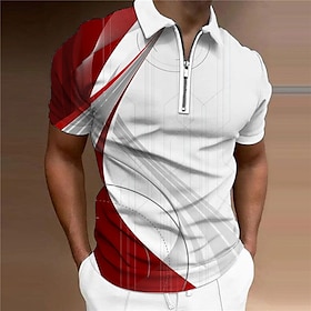Men's Polo Shirt Golf Shirt Linear Turndown Yellow Army Green Red Royal Blue Blue 3D Print Casual Daily Short Sleeve Print Zipper Clothing