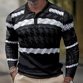 Men's Polo Shirt Golf Shirt Waffle Polo Shirt Plaid Striped Turndown Black Navy Blue Dark Green Brown Khaki 3D Print Outdoor Street Long Sleeve Button-Down Pri