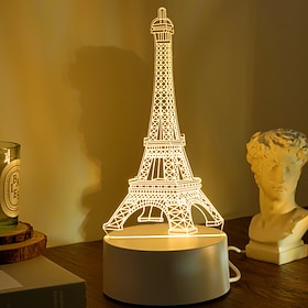 Eiffel Tower 3D LED Optical Illusion Acrylic Night Light with USB Powered Bedroom Decoration Table Lamp Birthday Fashion Style Gift for Child Baby Kids