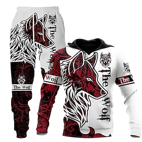 Men's Tracksuit Hoodies Set Red Hooded Graphic Animal Wolf Print 2 Piece Sports  Outdoor Casual Sports 3D Print Streetwear Designer Basic S