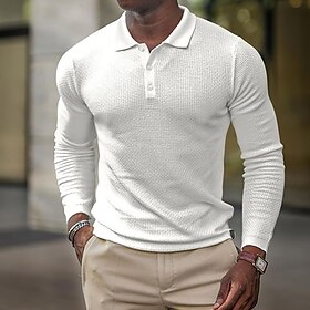 Men's Waffle Polo Shirt Golf Shirt Casual Daily Polo Collar Classic Long Sleeve Fashion Casual Solid Color Button Front Button-Down Spring Fall Regular Fit B