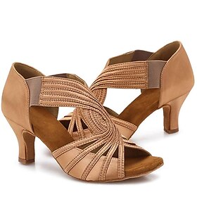 Women's Tan Strappy Latin Dance Shoes  Peep-Toe High Heel Ballroom Sandals with Elastic Straps for Salsa, Tango  Performance