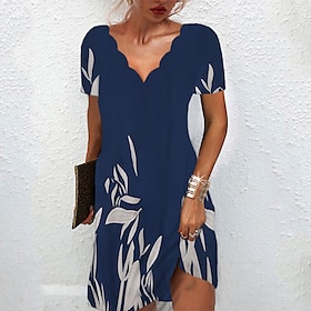 Women's Casual Dress Shift Dress Midi Dress Navy Blue Short Sleeve Floral Print Summer Spring Scalloped Neck Vacation 2023 S M L XL XXL 3XL