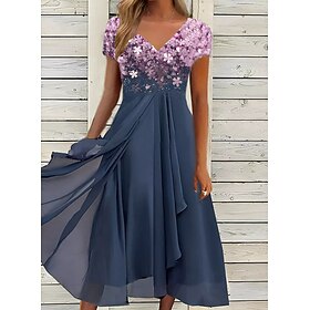 Women's Casual Dress Lace Dress Sheath Dress Midi Dress Black Blue Purple Short Sleeve Floral Ruched Fall Spring Summer V Neck Stylish Vacation Weekend 2023 S