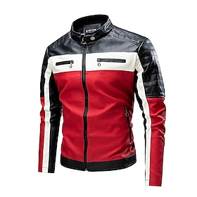 Men's Faux Leather Jacket Transition Jacket Biker Jacket Motorcycle Jacket Daily Motorcycle Thermal Warm Rain Waterproof Full Zip Fall Mixed Color Simple Chic