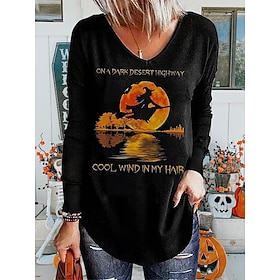 Halloween Women's T shirt Witch Long Sleeve V Neck Long Sleeve Tunic Tee Black Blue Green Letter Ghost Print Basic Regular Loose Fit S Prefall