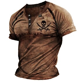 Men's T shirt Tee Henley Shirt Raglan T Shirt Vintage Shirt Fashion Basic Classic Shirt Graphic Skull Short Sleeve Shirt Blue Purple Brown Street Casual Daily