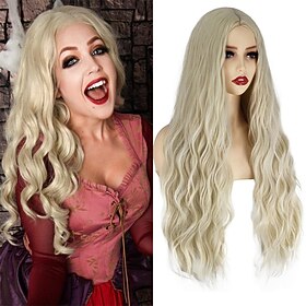 Peluca de Sarah Sanderson Hocus Pocus 2 pelucas largas rubias para mujeres parte media peluca ondulada de bruja accesorio para fiesta pelucas de Halloween diar