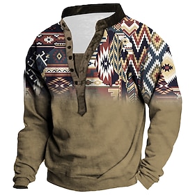 Men's Unisex Sweatshirt Pullover Button Up Hoodie Brown Standing Collar Color Block Graphic Prints Print Casual Daily Sports 3D Print Streetwear Designer Casua