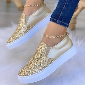 Women's Gold Glitter Slip-On Sneakers  Sparkly Casual Platform Shoes with Faux Leather Upper for Daily Wear, Parties, and Street Style