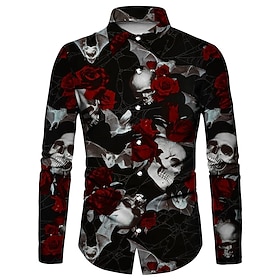 Halloween Men's Floral Skull Sunflower Shirt Long Sleeve Fashion Designer Casual Street Casual Fall Winter Turndown Print Button-Down Black and Red Wine Black