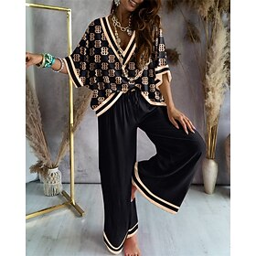 Women's Loungewear Sets Nighty 2 Pieces Geometic Simple Comfort Home Daily Going out Polyester Breathable V Wire Half Sleeve Shirt Pant Fall Spring Khaki White